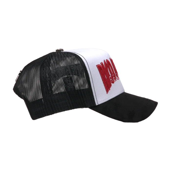 Panel derecho de la gorra ROM Records con visera de gamuza negra